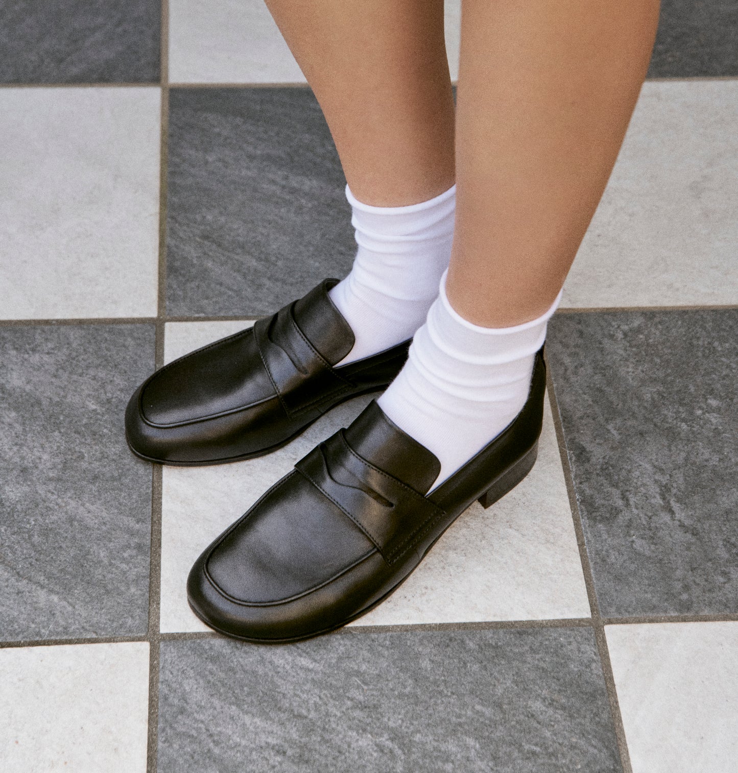 FEZ PENNY LOAFER - BLACK Styled with Socks