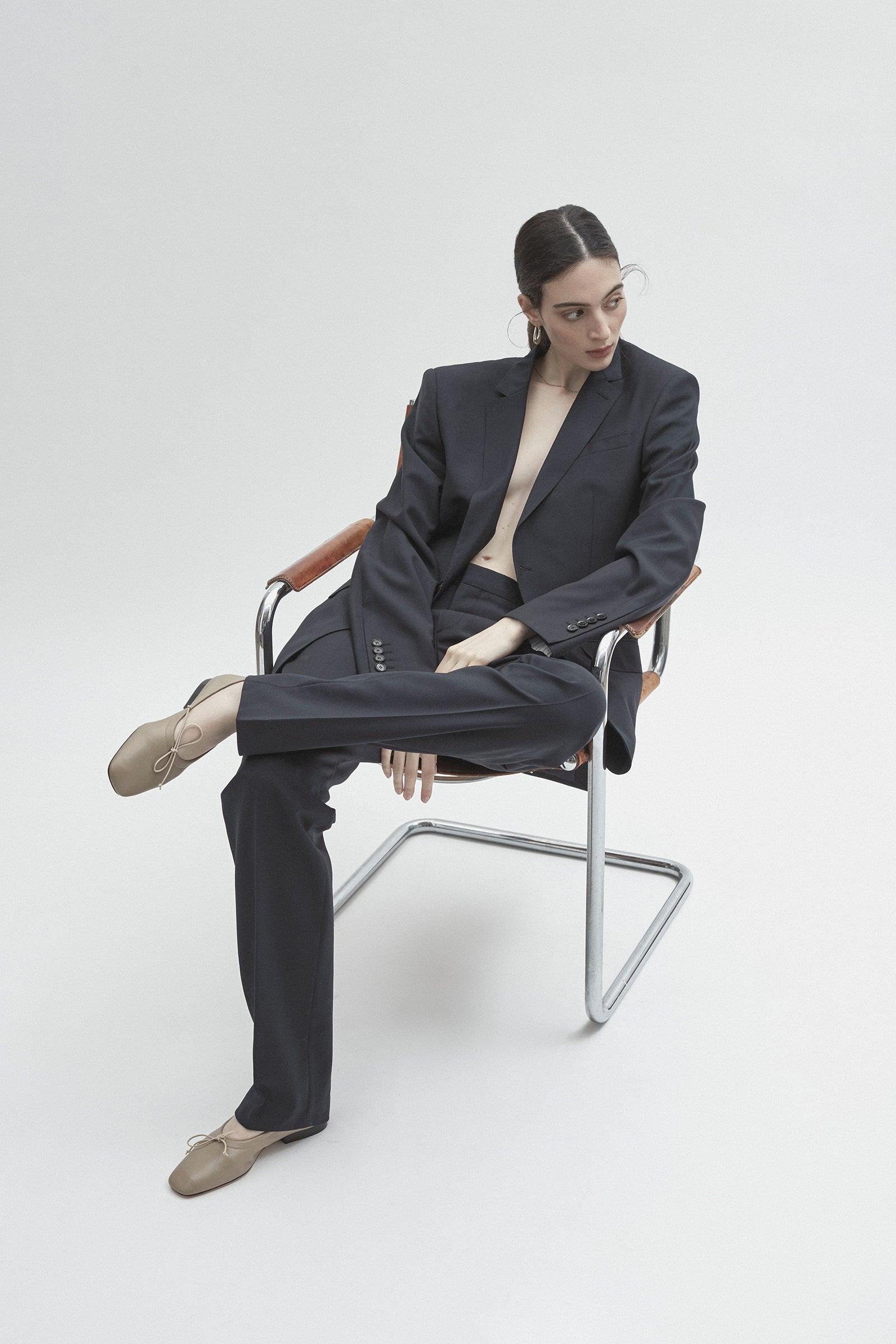 Pia Ballerina Sahara flats styled with a navy suit