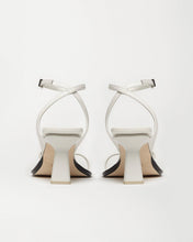 Load image into Gallery viewer, Back view of designer women&#39;s sandals Yuni Buffa Castrise strappy sandal high Heel in Cloud white color made in Italy with Italian Lamb Nappa leather and silver logo buckle