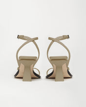 Load image into Gallery viewer, Back view of designer women&#39;s sandals Yuni Buffa Castrise strappy sandal high Heel in Sahara Beige color made in Italy with Italian Lamb Nappa leather and silver logo buckle