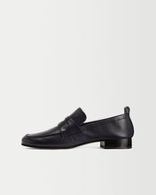 Load image into Gallery viewer, Side view of Yuni Buffa Fez Penny Loafer in Navy Blue leather. Artisanal crafted women designer loafer shoe made in Italy with Italian Lamb Nappa leather.