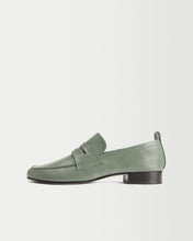 Load image into Gallery viewer, Side view of Yuni Buffa Fez Penny Loafer in Sage Green leather. Artisanal crafted women designer loafer shoe made in Italy with Italian Lamb Nappa leather.