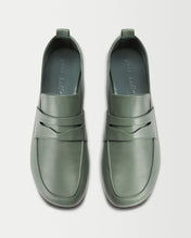 Load image into Gallery viewer, Top view of Yuni Buffa Fez Penny Loafer in Sage Green leather. Artisanal crafted women designer loafer shoe made in Italy with Italian Lamb Nappa leather.