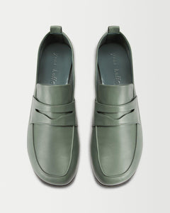 Top view of Yuni Buffa Fez Penny Loafer in Sage Green leather. Artisanal crafted women designer loafer shoe made in Italy with Italian Lamb Nappa leather.