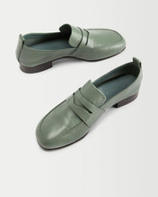 Load image into Gallery viewer, Inside view of Yuni Buffa Fez Penny Loafer in Sage Green leather. Artisanal crafted women designer loafer shoe made in Italy with Italian Lamb Nappa leather.