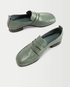 Inside view of Yuni Buffa Fez Penny Loafer in Sage Green leather. Artisanal crafted women designer loafer shoe made in Italy with Italian Lamb Nappa leather.