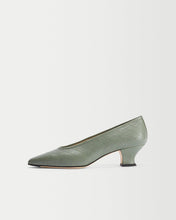 Load image into Gallery viewer, Side view of Yuni Buffa Roma Pump shoe in Sage Green. Handcrafted comfortable designer high-heels made  in Italy with Italian Lamb Nappa leather