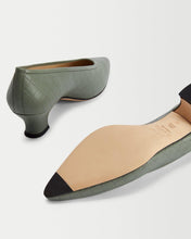 Load image into Gallery viewer, Bottom and inside view of Yuni Buffa Roma Pump shoe in Sage Green. Comfortable artisanal crafted designer high-heels made  in Italy with Italian Lamb Nappa leather.