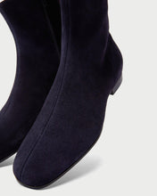 Load image into Gallery viewer, Front detail of elegant Yuni Buffa Nightingale Suede Boot in Midnight Blue. Luxury handcrafted clean lines and hugging fit designer squared toe boot in italian suede leather.
