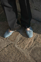 Load image into Gallery viewer, A model wearing Yuni Buffa Pia Ballet flat designer shoes in Bermuda blue. Luxury hand crafted square toe designer ballet flats made in Italy with Italian soft Lamb Nappa leather.