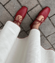 Load image into Gallery viewer, Yuni Buffa Lola Mary Jane ballerina Flat in Cherry Red worn with long white skirt