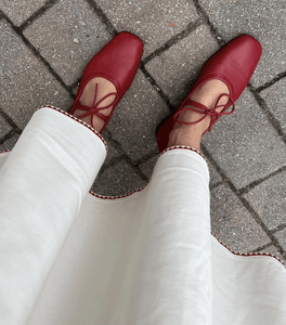 Yuni Buffa Lola Mary Jane ballerina Flat in Cherry Red worn with long white skirt