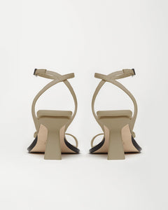 Back view of Yuni Buffa Castrise Heel in Sahara beige color made in Italy with Italian Lamb Nappa leather and silver logo buckle