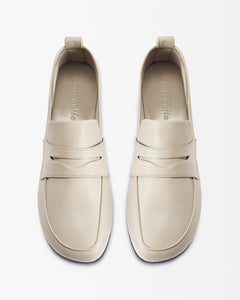Top view of Yuni Buffa Fez Penny Loafer in Ecru Beige leather. Artisanal crafted women designer loafer shoe made in Italy with Italian Lamb Nappa leather.