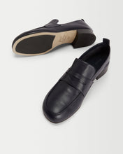 Load image into Gallery viewer, Inside Bottom view of Yuni Buffa Fez Penny Loafer shoe in Navy blue color made in Italy with Italian Lamb Nappa leather