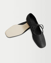 Load image into Gallery viewer, Perspective and bottom view of Yuni Buffa Lola Mary Jane Ballerina Flat shoe in Black color handmade in Italy with Italian Lamb Nappa leather