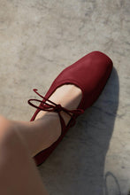 Load image into Gallery viewer, Top view of Yuni Buffa Lola Mary Jane Ballerina Flat shoe in Cherry Red color handmade in Tuscany, Italy with Italian Lamb Nappa leather