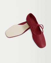 Load image into Gallery viewer, Perspective and bottom view of Yuni Buffa Lola Mary Jane Ballerina Flat shoe in Cherry Red color handmade in Tuscany, Italy with Italian Lamb Nappa leather
