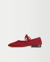 Load image into Gallery viewer, Side view of Yuni Buffa Lola Mary Jane Ballerina Flat shoe in Cherry Red color handmade in Tuscany, Italy with Italian Lamb Nappa leather