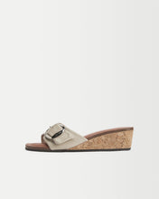 Load image into Gallery viewer, Side view of Yuni Buffa Lucca Sardinian cork wedge sandal shoe in Ecru white color with tan vachetta leather insole and crepe rubber outsole made in Italy with Italian Lamb Nappa leather