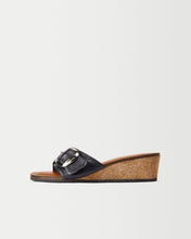 Load image into Gallery viewer, Profile view of Yuni Buffa Lucca Sardinian cork wedge sandal shoe in Navy blue color with tan vachetta leather insole and crepe rubber outsole made in Italy with Italian Lamb Nappa leather