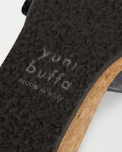 Load image into Gallery viewer, Bottom view of Yuni Buffa Lucca Sardinian cork wedge sandal shoe in Ecru white color with tan vachetta leather insole and crepe rubber outsole made in Italy with Italian Lamb Nappa leather