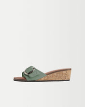 Load image into Gallery viewer, Profile view of Yuni Buffa Lucca Sardinian cork wedge sandal shoe in Sage green color with tan vachetta leather insole and crepe rubber outsole made in Italy with Italian Lamb Nappa leather