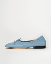 Load image into Gallery viewer, Side view of Yuni Buffa Pia Ballet flat designer shoe in Bermuda blue. Luxury hand crafted square toe ballet flats made in Italy with Italian soft Lamb Nappa leather.