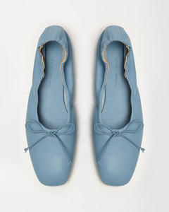 Top view of Yuni Buffa Pia Ballet flat designer shoe in Bermuda blue. Luxury hand crafted square toe ballet flats made in Italy with Italian soft Lamb Nappa leather