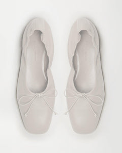 Top view of Yuni Buffa Pia Ballet flat designer shoe in Cloud White. Luxury hand crafted square toe ballet flats made in Italy with Italian soft Lamb Nappa leather